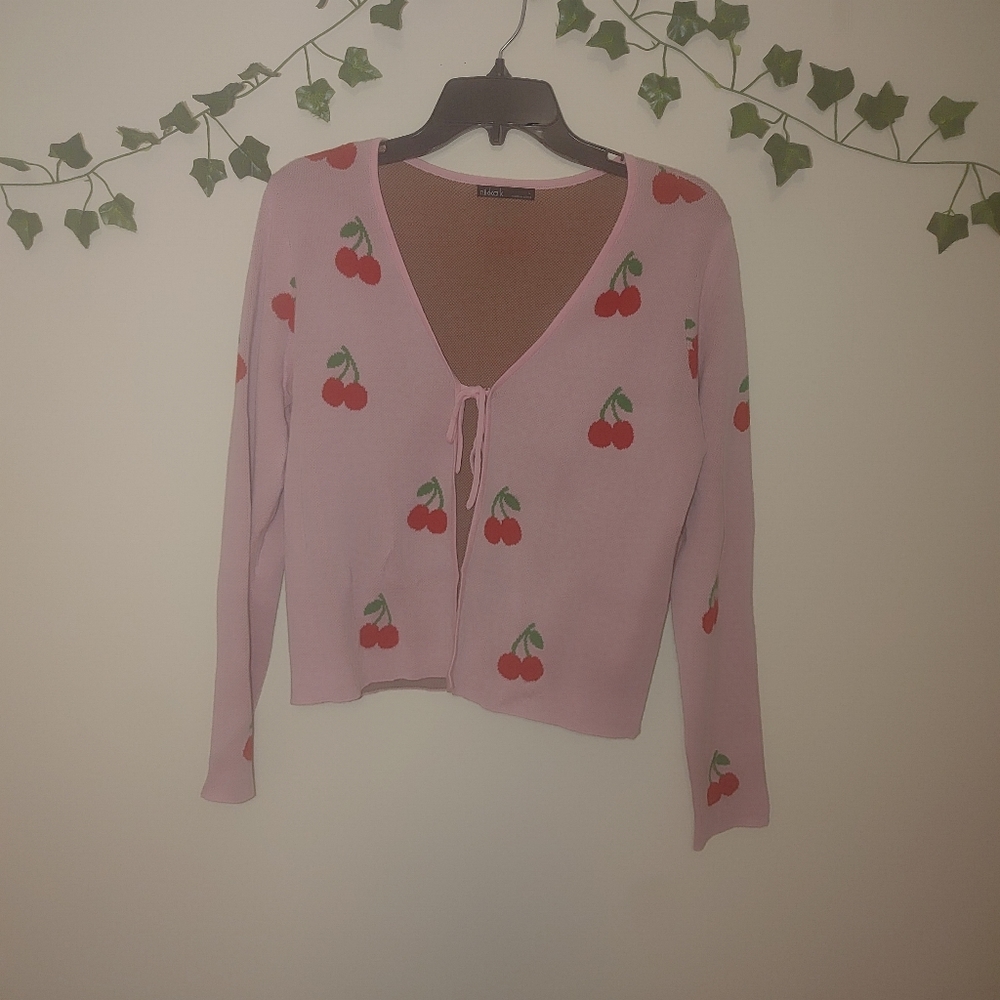 Nikka K Y2K Style Tie Front Pink Allover Cherry Cardigan Large